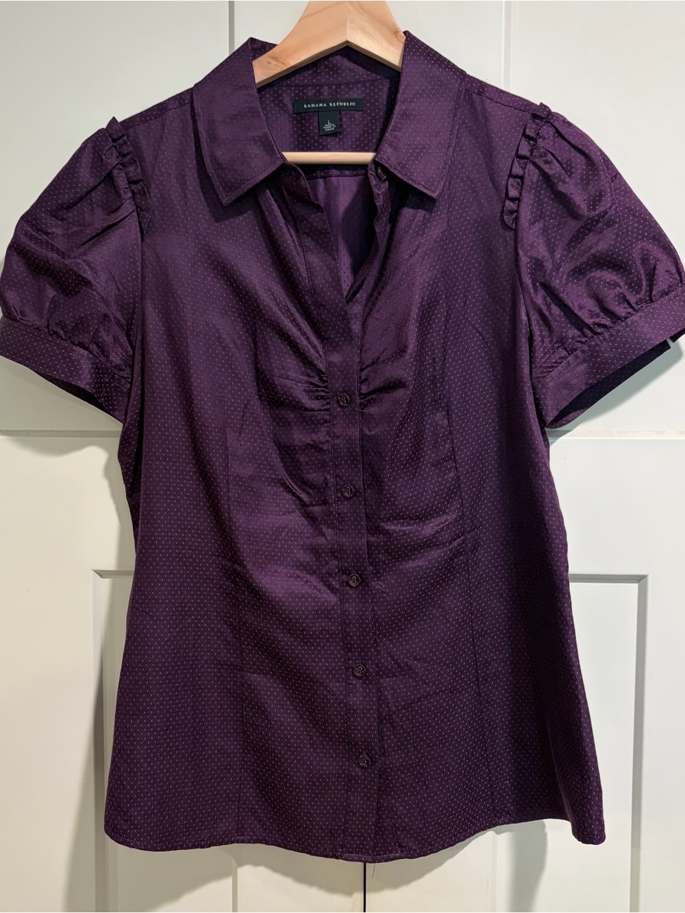 Banana Republic Deep Purple Puff-Sleeve Silk Blend Dot Button-Down Blouse